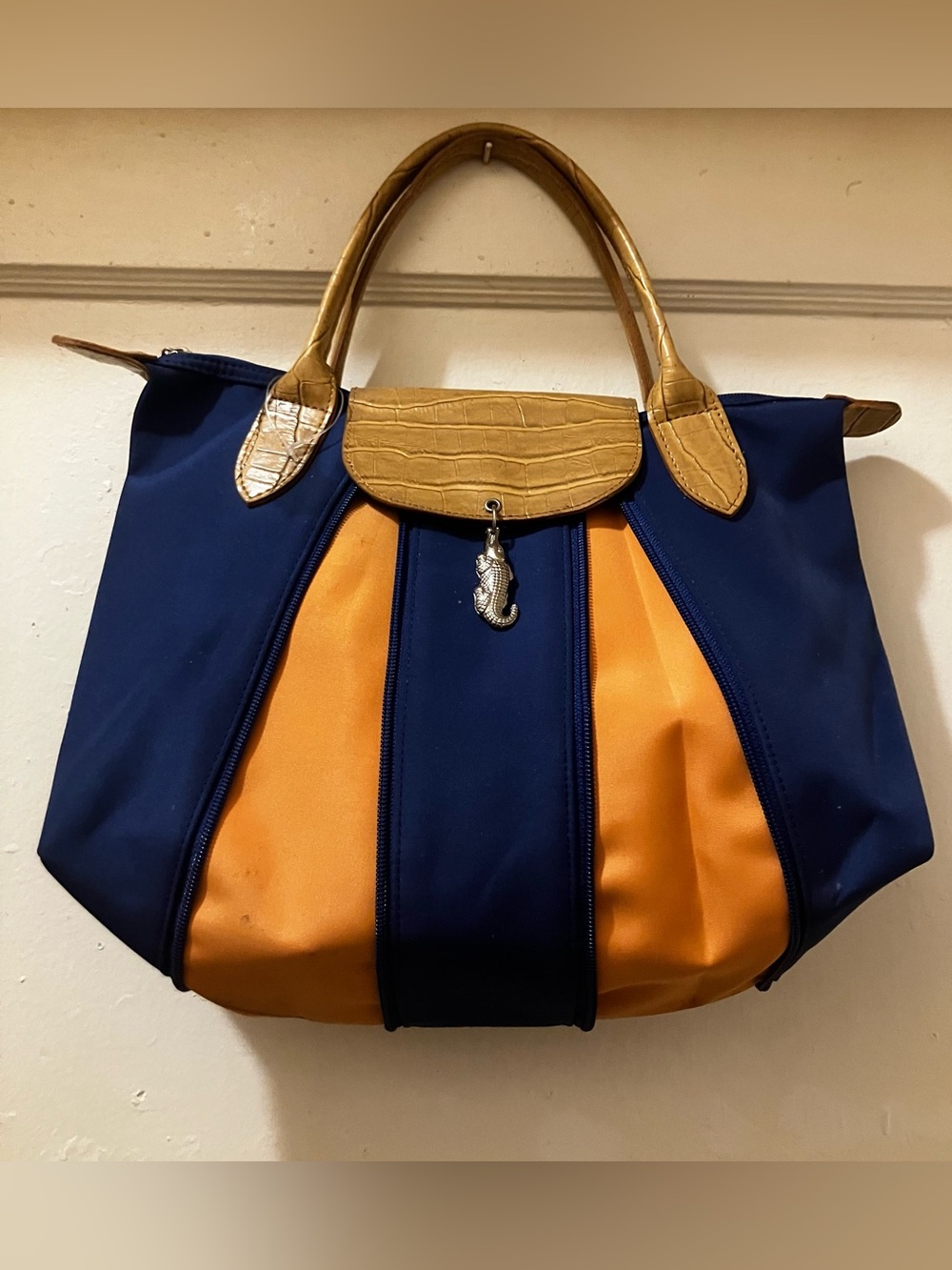 Navy and orange Two-Tone Tote Bag with Croc-Texture Trim